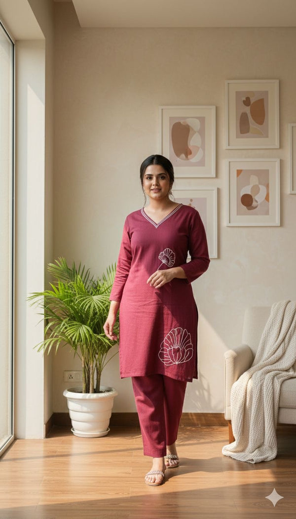 Maroon cord set with Line-art floral Embroidery